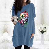 Skull Dress Casual round Neck T-shirt Women's Skull Printed Long Sleeve Loose Dress