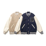 Brown Varsity Jacket Autumn Casual Patchwork Jacket College Style Loose R-Shaped Towel Embroidery Coat for Men