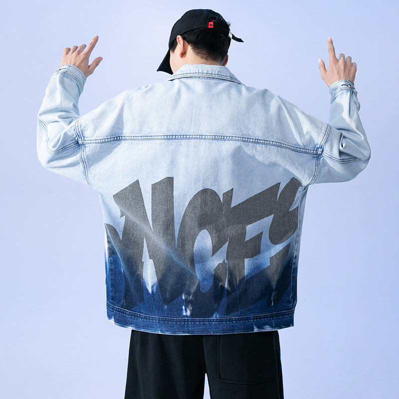Denim Varsity Jacket Spring Gradient Denim Jacket Men's Loose Personality plus Size Jacket