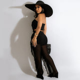 Party Pants Suits Pure Color Mesh See-through Pleated Vest Waist Pants Two-Piece Set for Women