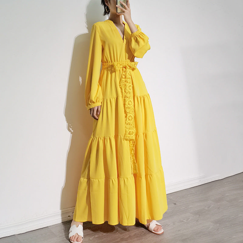 Burnt Orange Dress Summer Solid Color National Style Retro Dress V-neck Lace-up Long Sleeve Fashion Long Skirt