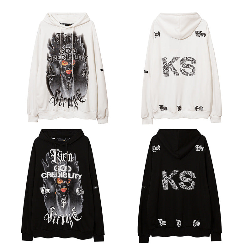 Mens Fall Outfits Portrait Printing Street Dark High Street Style Loose Hooded Sweater Couple Sports Hoodie