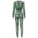 Sexy Deep V Long Sleeve Hollow out See-through Skull Mesh One-Piece Trousers for Women