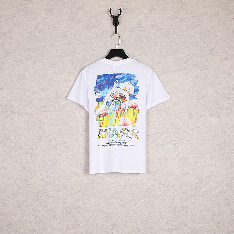WGM Closing Shark Graffiti Printing Men's and Women's Short-Sleeved T-shirt