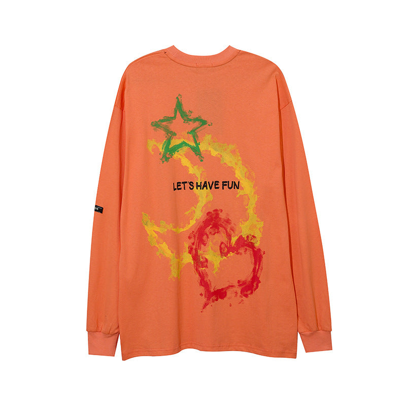 Mens Fall Outfits Graffiti Letter Printed Loose Long Sleeves T-shirt Men and Women Couple round Neck Sweater