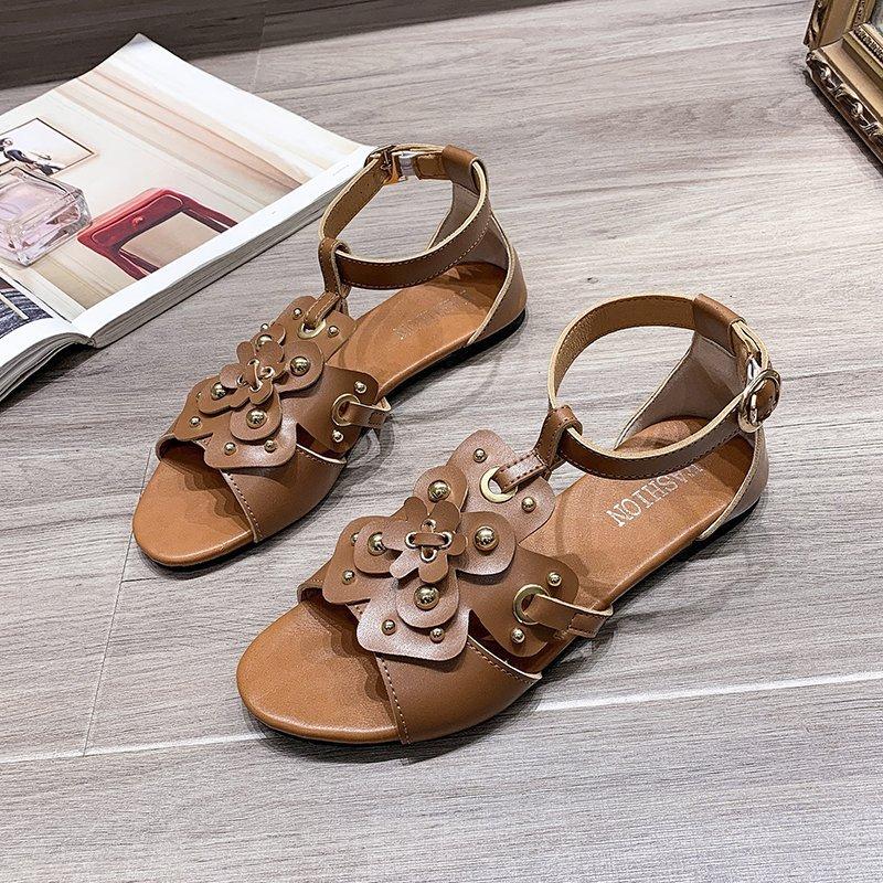 Women Open Toe Sandals Flats Summer Square Heel Flat Large Size Buckle Flower Cutout Casual Sandals