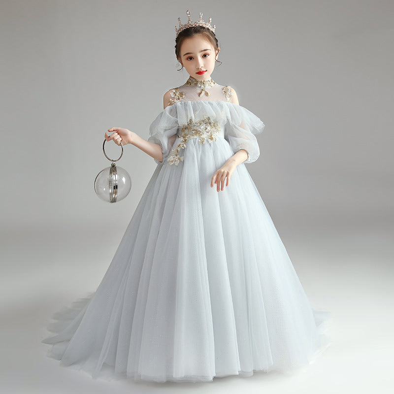 Princess Charlotte Flower Girl Dress Children's Trailing Costume for Piano Performance Blue Wedding Princess Host Evening Dress