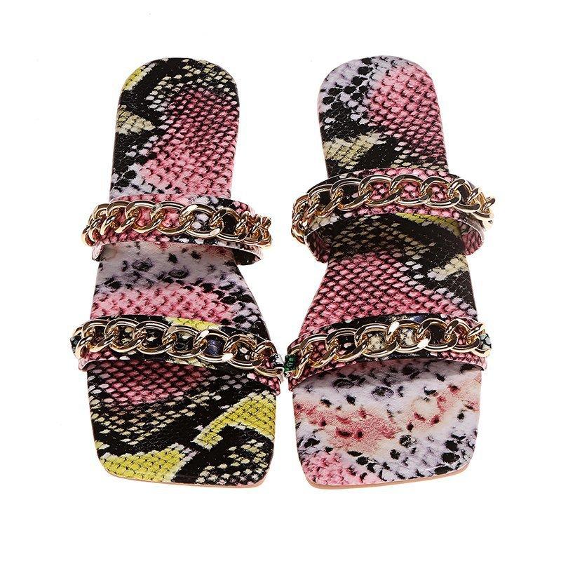 Women Open Toe Sandals Flats Summer Snake Pattern One-Word Metal Chain Sandals for Women