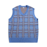 Men Sweater Vest BF Idle Style Plaid Sweater Vest Men's Autumn Loose V-neck Sleeveless Sweater Vest