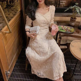 Aesthetic Dress Retro Trumpet Sleeve Square Collar Drawstring Waist Lace Skirt