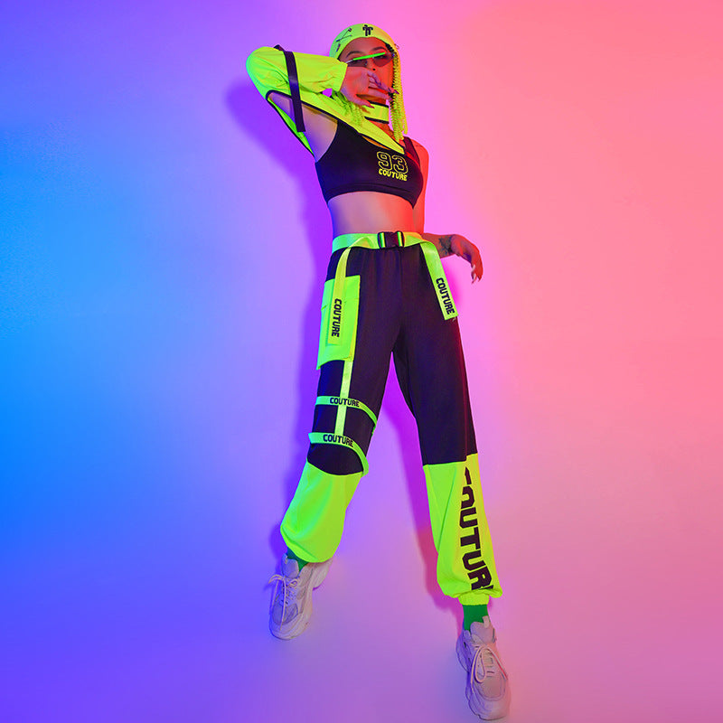 Women Rave Outfits Tops Jazz Hiphop Set Fluorescent Color