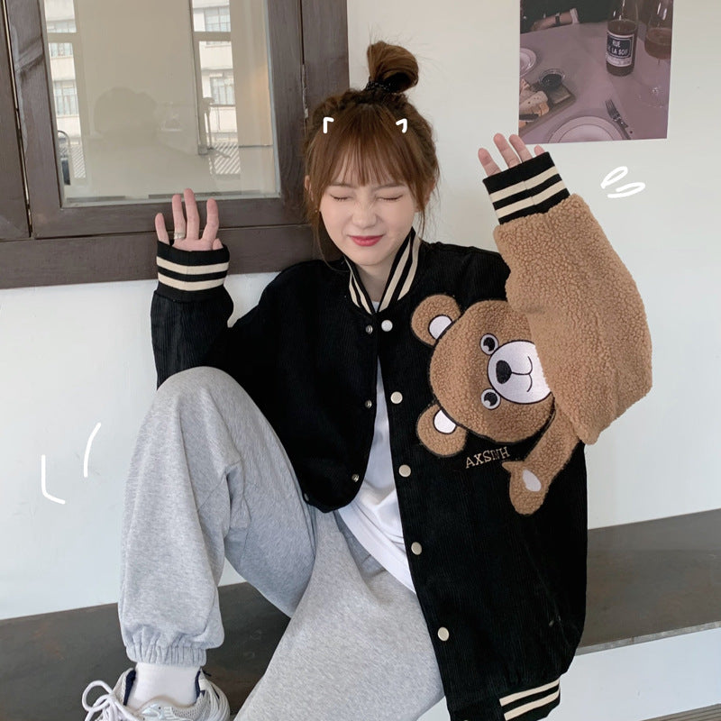 The Bears Varsity Jacket Double-Layer Jacket Women's Jacket Bear Baseball Uniform Autumn and Winter Special-Interest Design Jacket