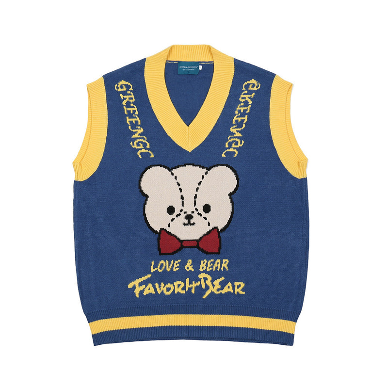 Men Sweater Vest Bear Jacquard Color Matching Sweater Vest Men's BF Idle Style Loose V-neck Sleeveless Sweater Vest