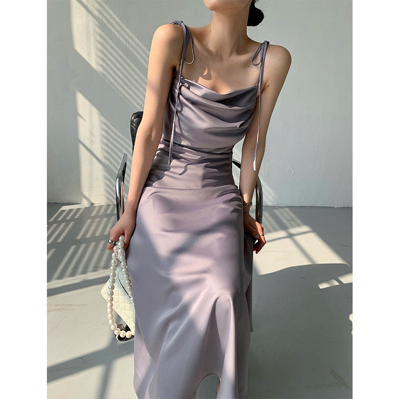 Satin Dress Sling Swing Collar Slim Satin Mid-Length Summer French Dress Women