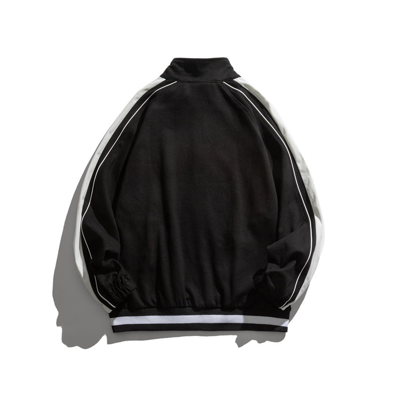 Black Varsity Jacket Autumn Stand Collar Jacket Men's Stitching Contrast Color Retro Labeling Handsome Jacket