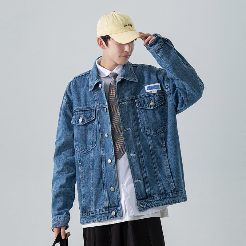 Denim Varsity Jacket Autumn and Winter Washed Denim Jacket Men's All-Match Loose Labeling Student Jacket