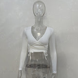 Maddy Euphoria Outfits Long Sleeve V-neck Drawstring Sexy Top T-shirt Spring and Autumn Women's Clothing