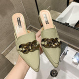 Finn Chain Pointed Toe Mule Spring and Autumn Lazy Pump Half Slippers Women's Outer Wear Chunky Heel All-Matching Low Heel Slippers Mules Shoes