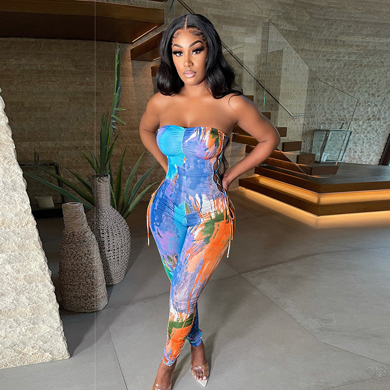Summer Wrapped Chest Tie-Dyed Printed Hollow Lace-up Hip-Lifting Jumpsuit