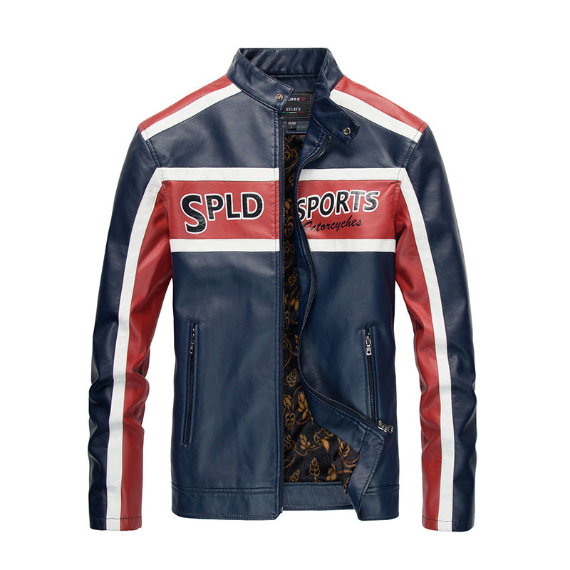 Graphic Leather Jacket Women Men's Spring and Autumn Stand Collar Motorcycle Clothing Fleece Jacket Men's Coat