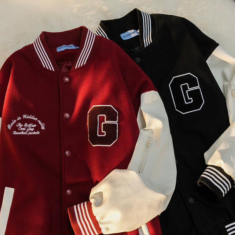 Black Varsity Jacket Oversize Baggy Coat Men's and Women's Jacket Autumn Baseball Uniform