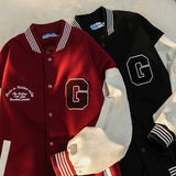 Black Varsity Jacket Oversize Baggy Coat Men's and Women's Jacket Autumn Baseball Uniform