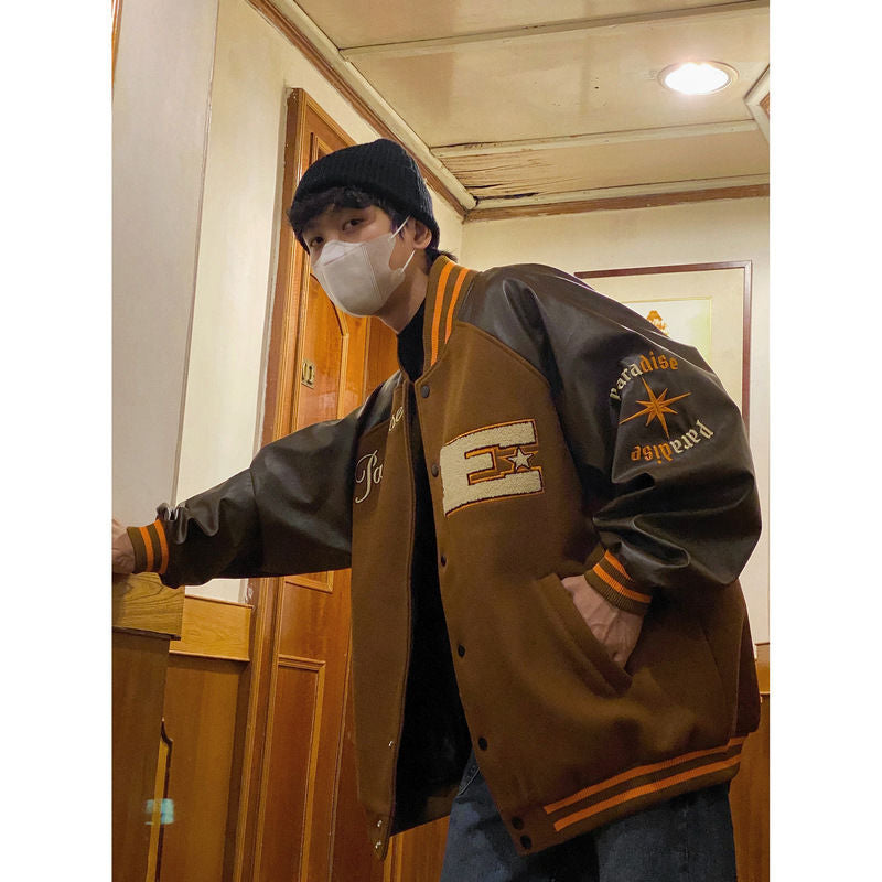 Brown Varsity Jacket Baseball Uniform Spring and Autumn Workwear Loose Casual Top Single-Breasted Baseball Jacket Men
