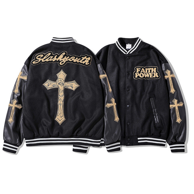 Mens Fall Outfits Embroidered Baseball Jacket Men's Loose Street PU Leather Stitching Couple Jacket