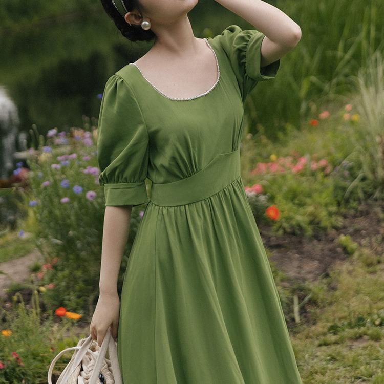 Women's Cottagecore Dress Retro Puff Sleeve Pearl Square Collar Green Dress Women's Summer Long Dress