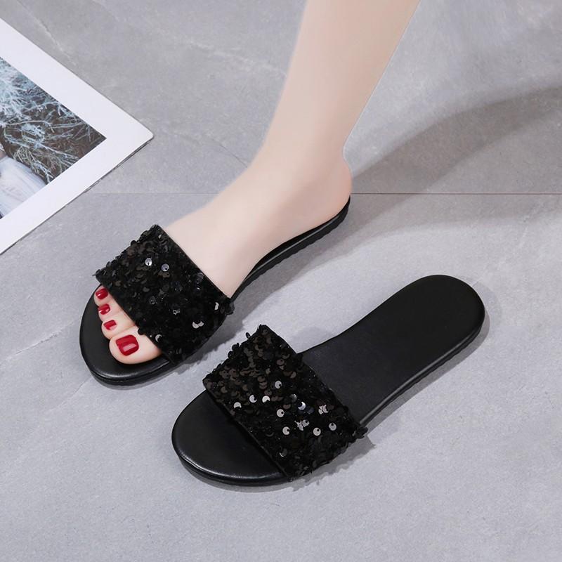 Women Open Toe Sandals Flats Summer Casual Slippers Flat Bottom Sequin Beach Shoes