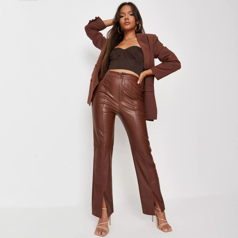Brown Leather Pants Women's High Elastic PU Leather Pants Leggings Women's Pants