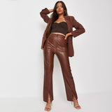 Brown Leather Pants Women's High Elastic PU Leather Pants Leggings Women's Pants