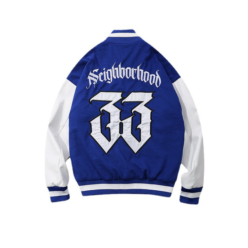 Baby Blue Varsity Jacket Black and White Stitching Embroidery Baggy Coat Men