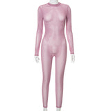 Autumn Hollow-out Long Sleeve Sexy See-through Back Zipper Trousers Jumpsuit for Women
