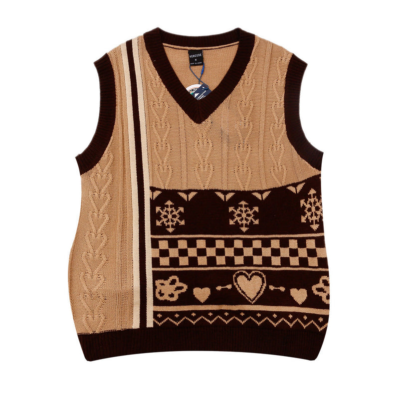 Men Sweater Vest Vintage Jacquard Color Matching Sweater Vest Men's BF Idle Style Loose V-neck Sleeveless Sweater Vest