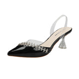 Nude Block Heels Closed Toe Sandals Transparent Rhinestone Women's Shoes