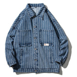 Denim Varsity Jacket Vintage Stripe Denim Jacket Men Oversize Baggy Casual Jacket