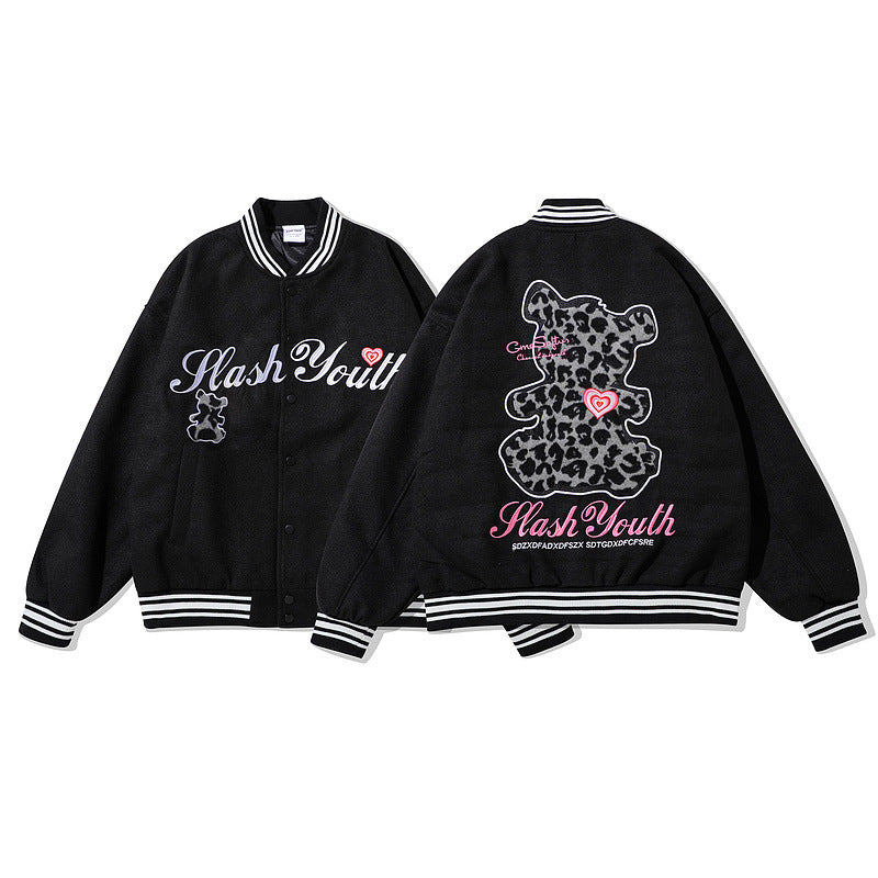 Mens Fall Outfits Couple Baseball Jacket Leopard Pattern Bear Stitching Embroidery Street Loose Sports Jacket Men