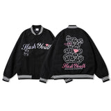Mens Fall Outfits Couple Baseball Jacket Leopard Pattern Bear Stitching Embroidery Street Loose Sports Jacket Men