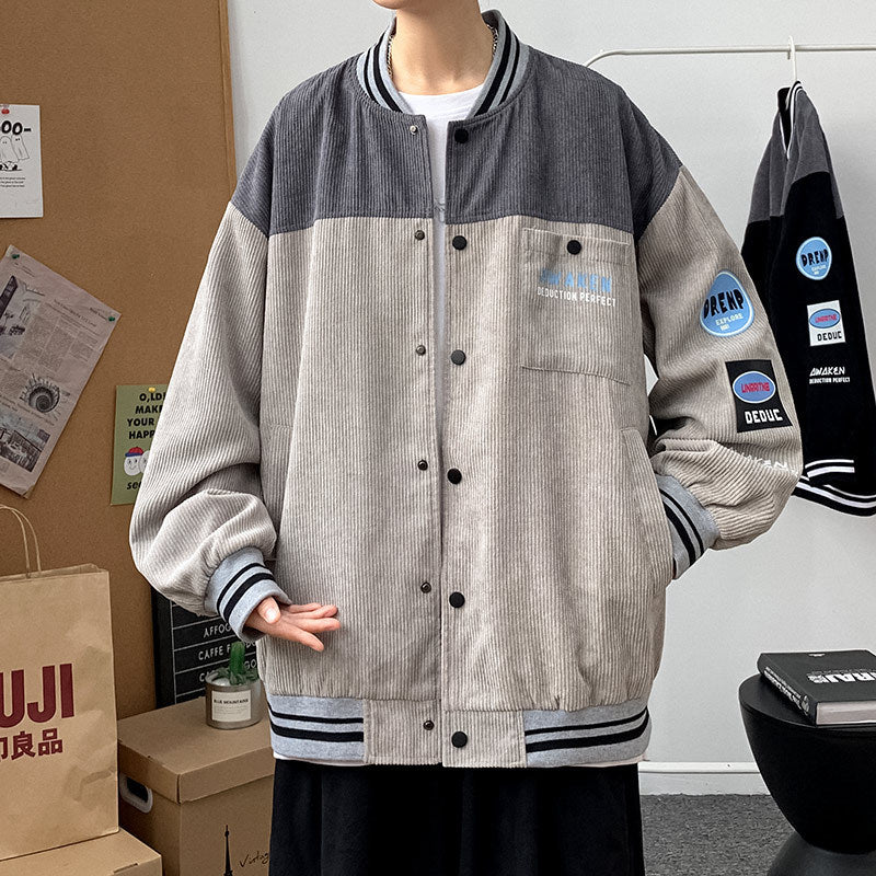 Corduroy Varsity Jacket Same Earrings for Couple Corduroy Slim Fit Baseball Uniform Jacket Coat