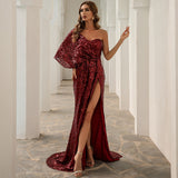 Burgundy Dresses for Wedding Summer One Shoulder Irregular Sequins Dress Women