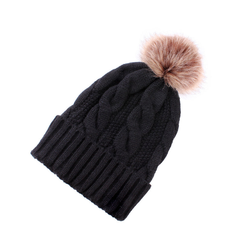 Women Winter Hats Winter Knitted Hat Fur Ball Solid Color Thickened Sleeve Cap