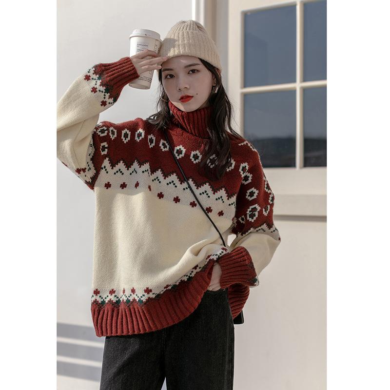 Fair Isle Sweater Cottagecore Outfits for Women Fair Island Turtleneck Sweater Winter Loose Red