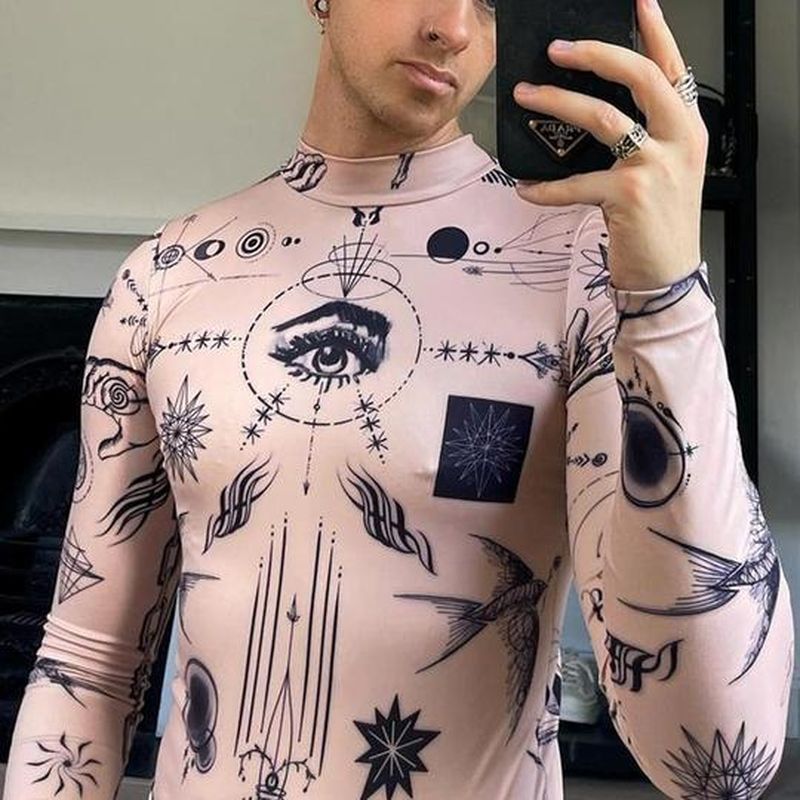 Rave Outfits Mens Long Sleeve Shirt Tight Turtleneck Base Long Sleeved Fitted T-shirt