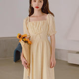 Women Cottagecore Dress Platycodon Grandiflorum Light Yellow Elegant Dress Summer