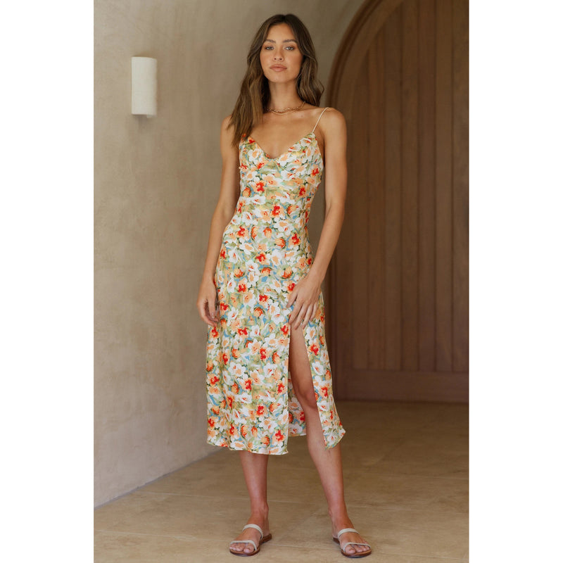 Emery Rose Dresses Floral Print Slit Hemline at Hem Mid-Length Suspender Dress