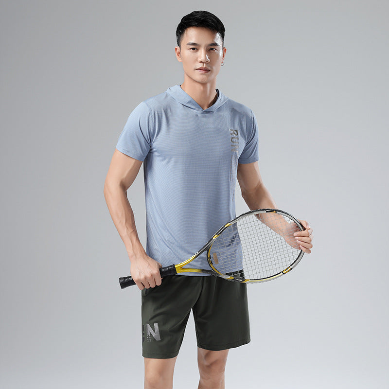 Sweat Wicking Shirt Ice Silk Hooded Short-Sleeved Hoodie Men's Summer Running