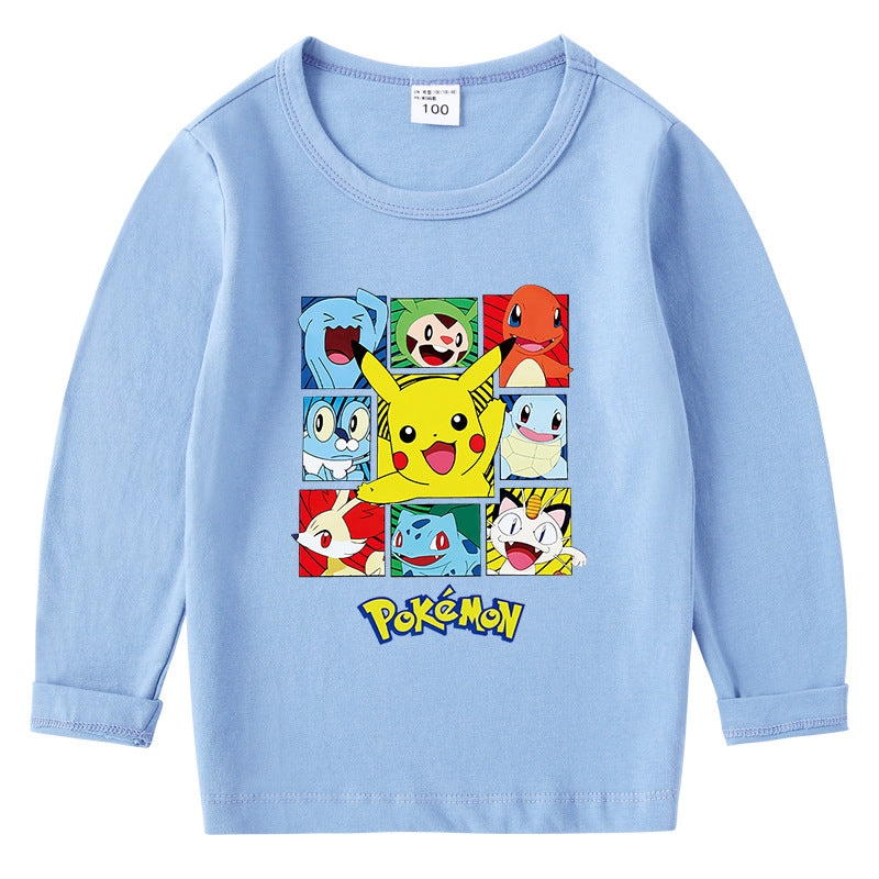 Children Pokemon Pikachu Hoodie Spring and Autumn round Neck Long Sleeve T-shirt Cotton