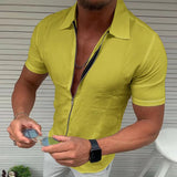 Sweat Wicking Shirt Solid Color Zipper Short Sleeve Shirt Slim-Fit Cardigan Top
