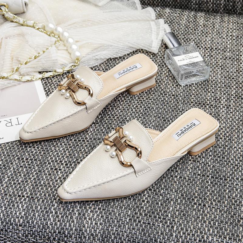 Finn Chain Pointed Toe Mule Beige Square Toe Muller Shoes Closed Toe Half Slippers Women's Shoes Thick Heel Outer Mary Jane Sandals